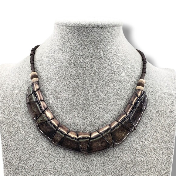 Vintage Polymer Clay Ceramic Flat Slice Collar Necklace Neutral Tone - Picture 1 of 9